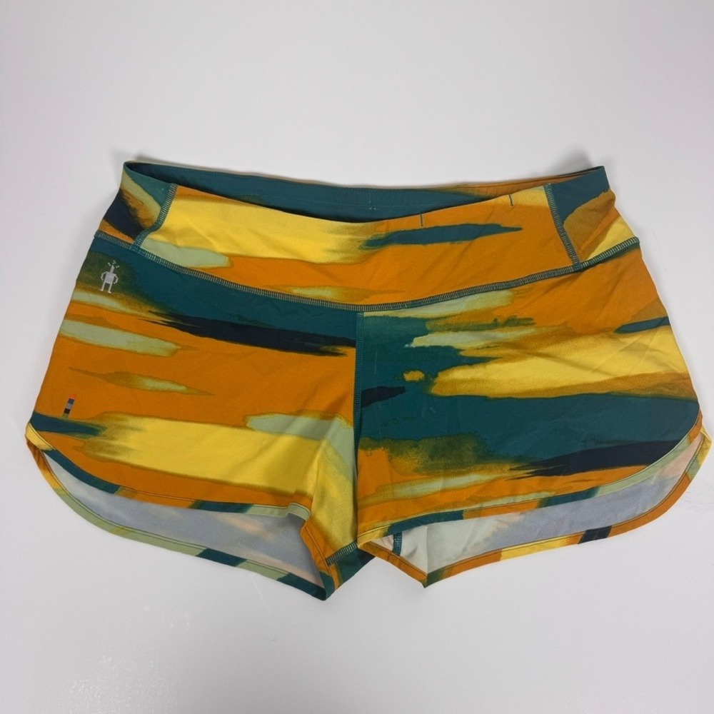 Smartwool Merino Sport Lined Shorts Womens Medium Orange Teal Abstract SW016604